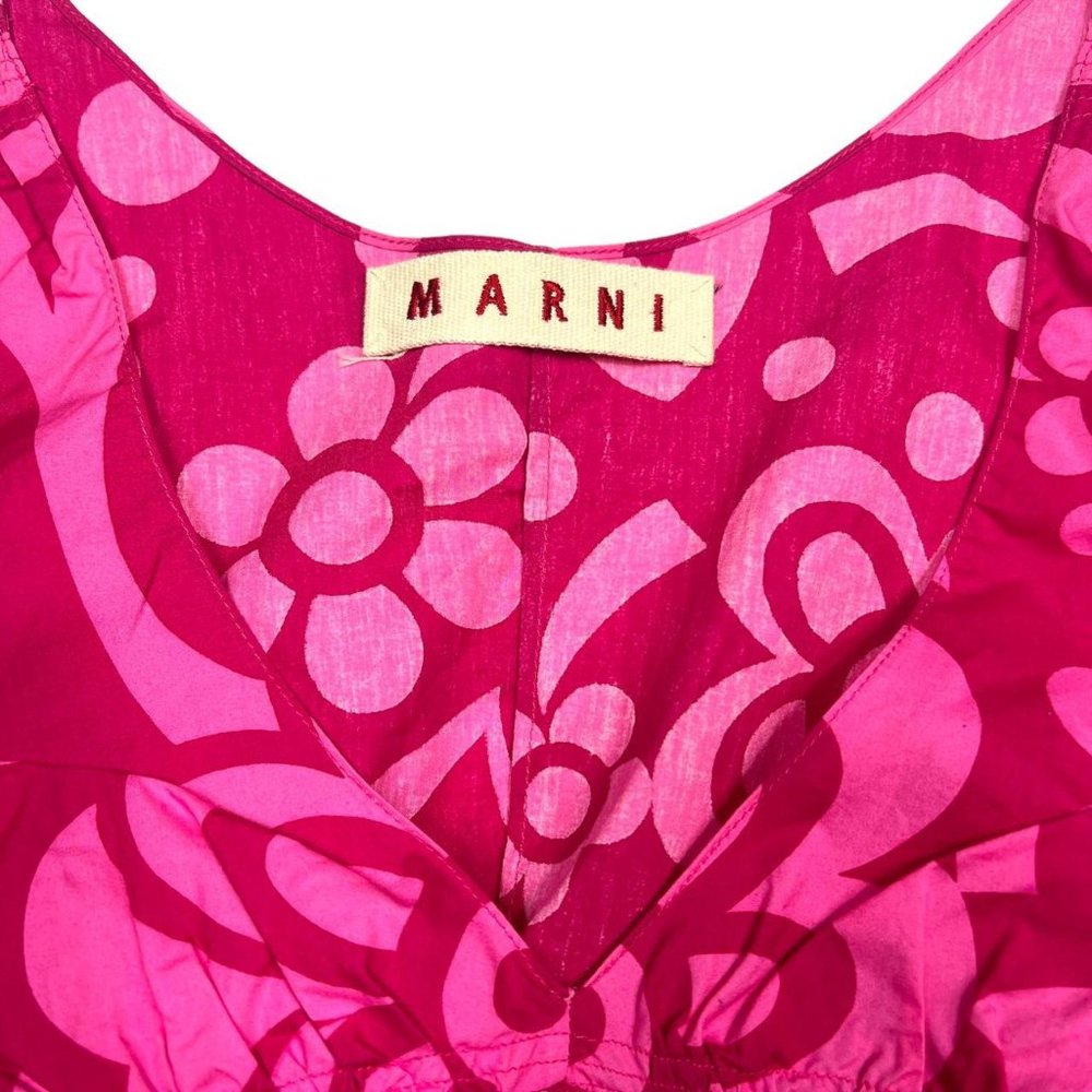 2000's Marni pink and red floral print cropped cotton blouse with tie back - Picture 2 of 4